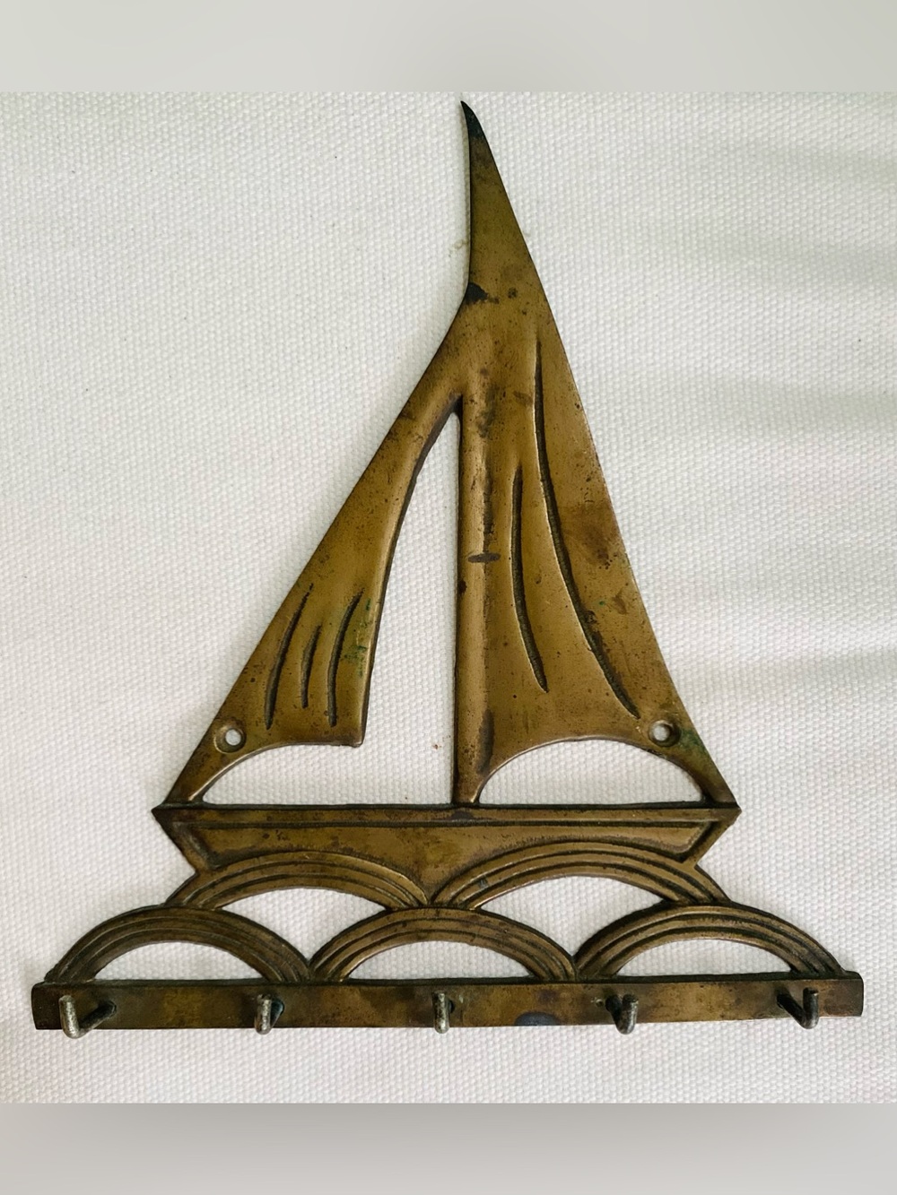 Vtg Interpur Brass Key Holder Wall Mount Nautical Sailboat Boat 5 Hooks Taiwan